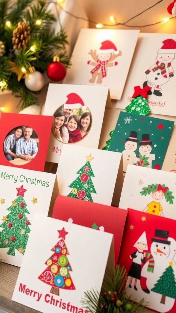 A collection of creative handmade Christmas cards with festive designs and decorations.